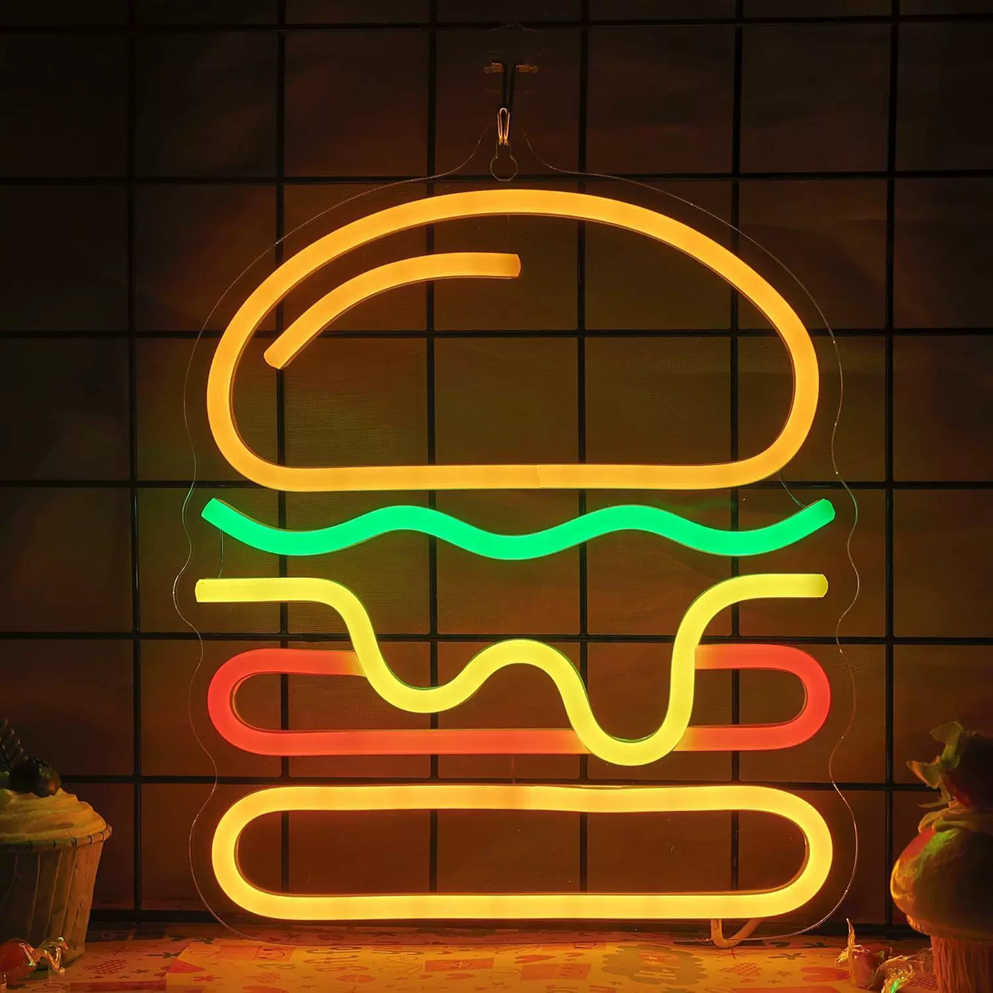 Hamburger LED Neon Sign Burger Neon Light Wall Decor for Kitchen Cafe Restaurant Bar