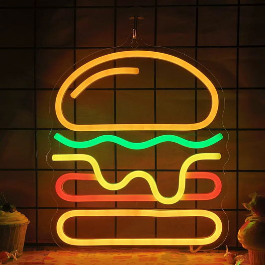 Hamburger LED Neon Sign Burger Neon Light Wall Decor for Kitchen Cafe Restaurant Bar