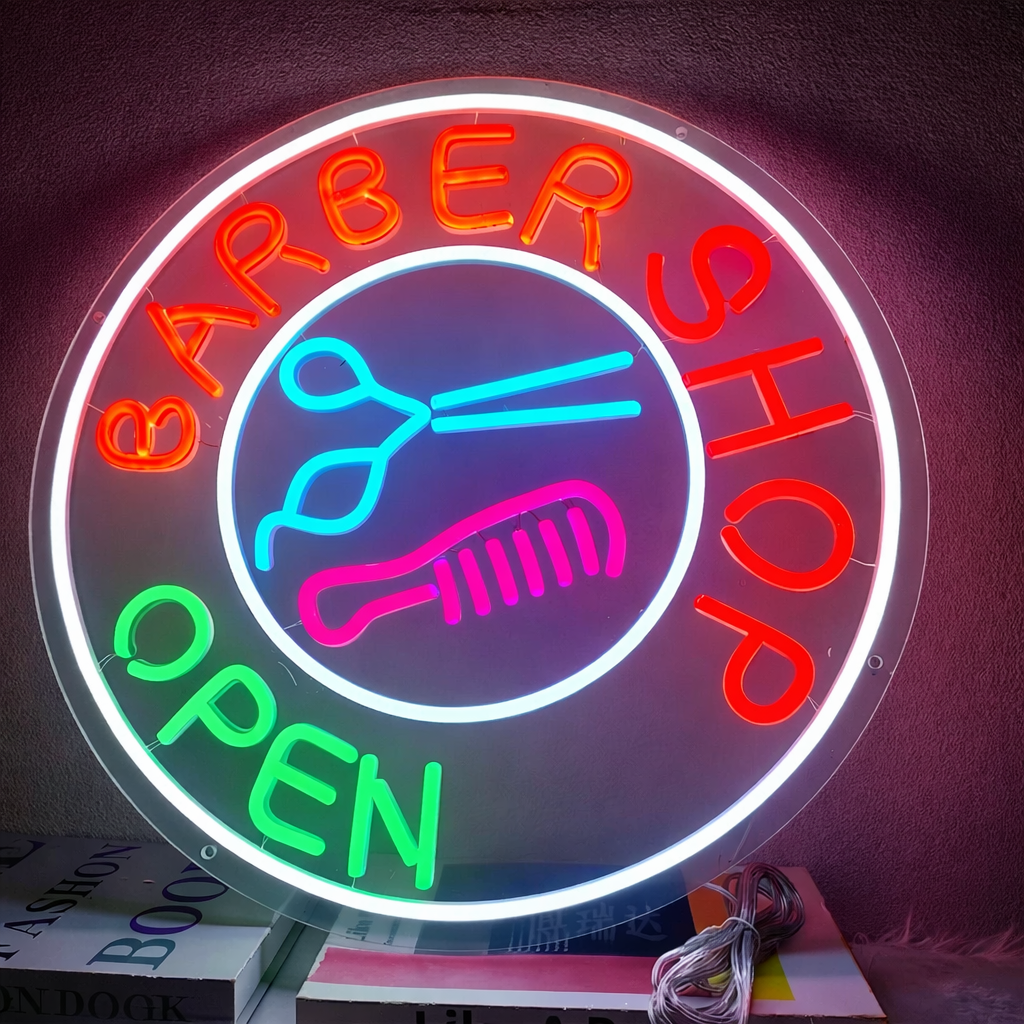 Classic Barber Shop Open Neon Sign Round LED Light with Scissors and Comb