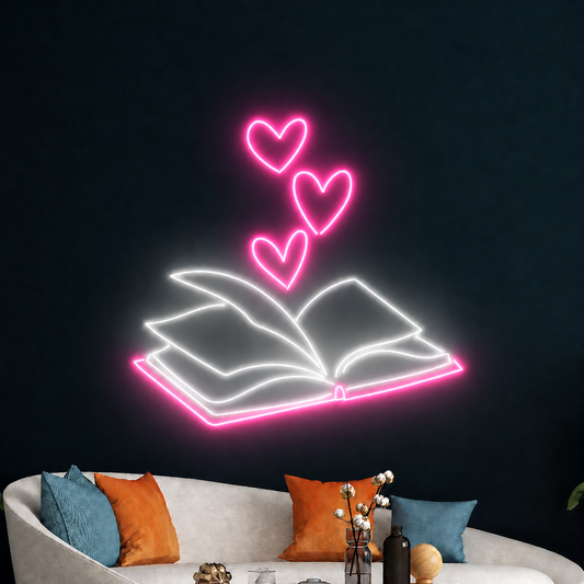 Open Book with Hearts LED Neon Sign Romantic Reading Wall Decor Light for Bedroom Library Reading Nook