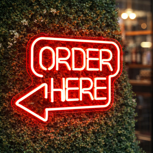 Order Here LED Neon Sign with Arrow for Shop Cafe Restaurant Wall Decor Light
