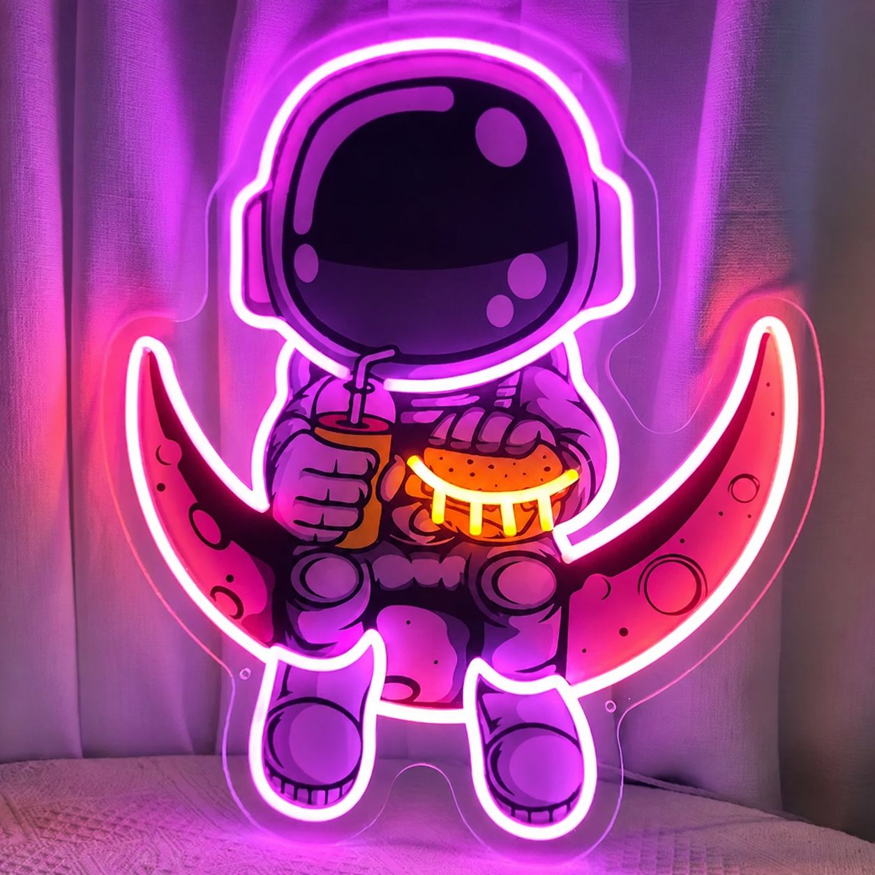Astronaut LED Neon Sign Sitting on Moon with Burger & Drink Neon Light Wall Decor for Kids Room, Space Lovers, and Cafes