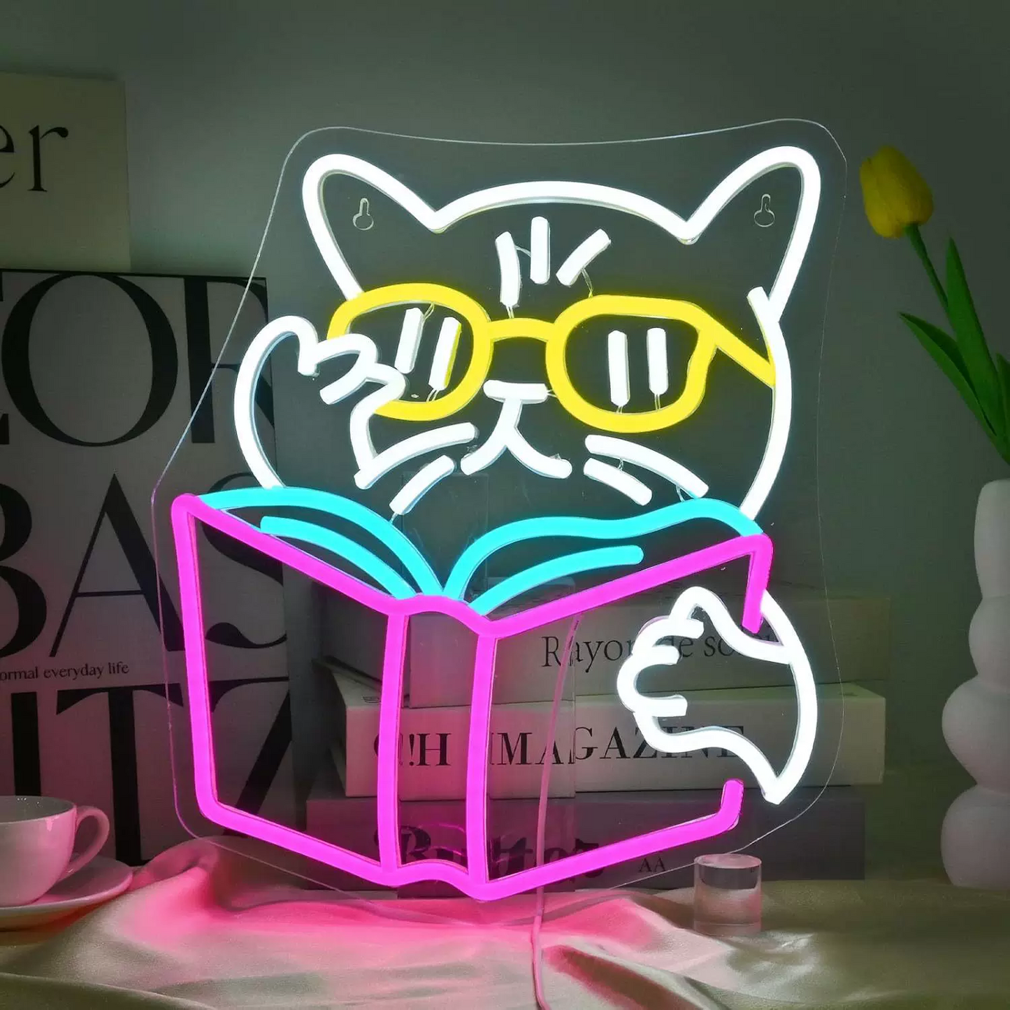Cat Reading Book LED Neon Sign with Glasses Cute Cartoon Neon Light Wall Decor for Bedroom Study Room Library