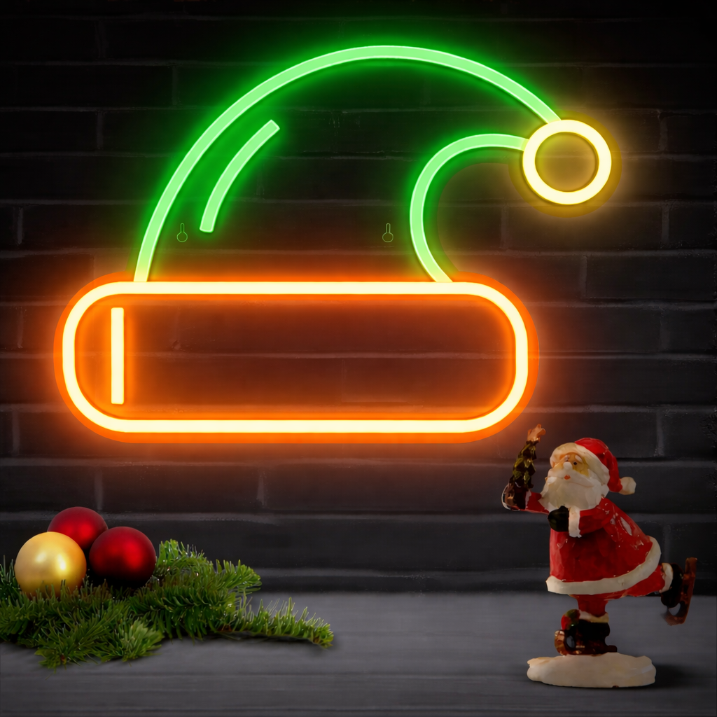 LED Santa Hat Neon Sign Red & White Christmas Decoration