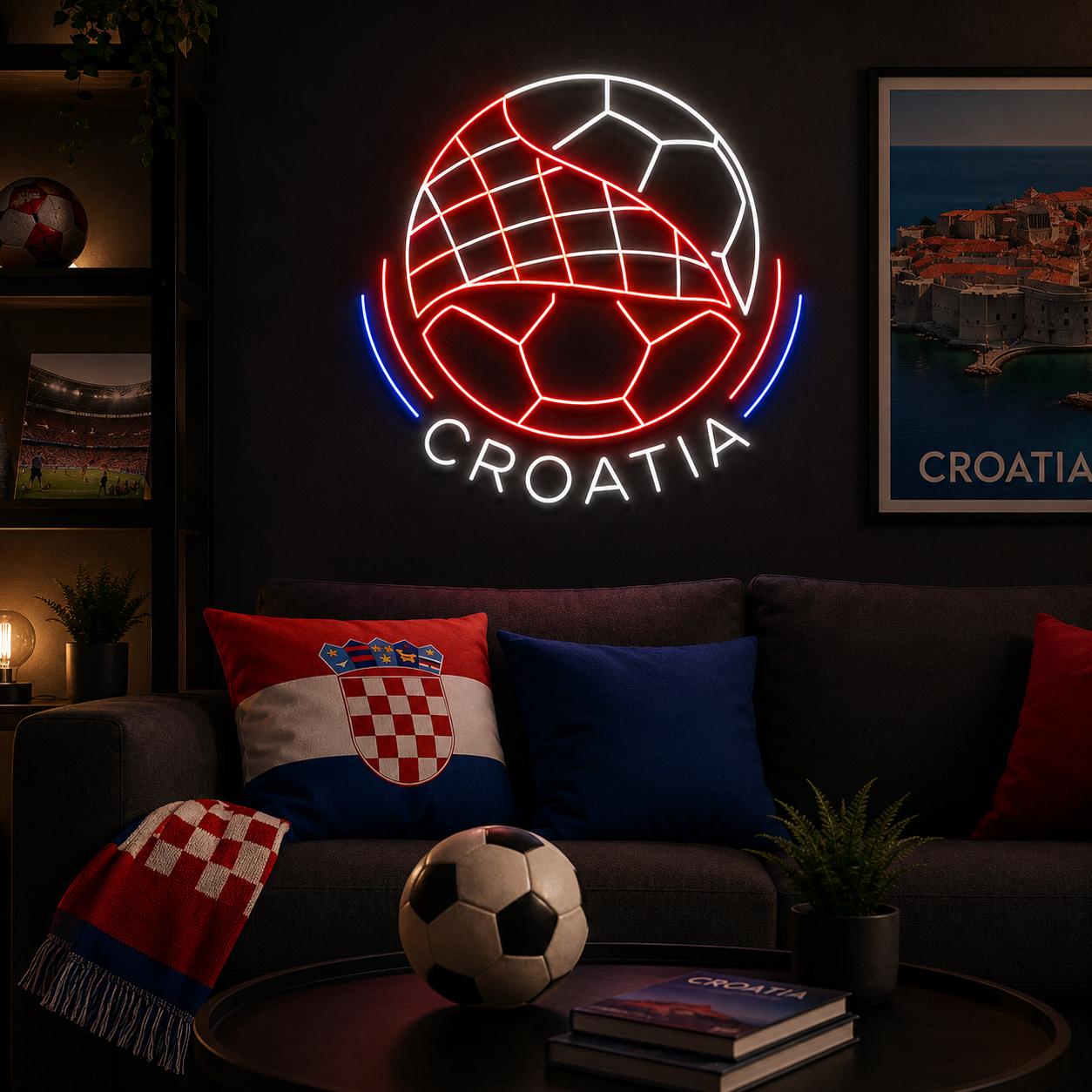 Croatia Checkered Soccer Ball LED Neon Sign Croatian Football Neon Light Wall Decor for Sports Bar Game Room