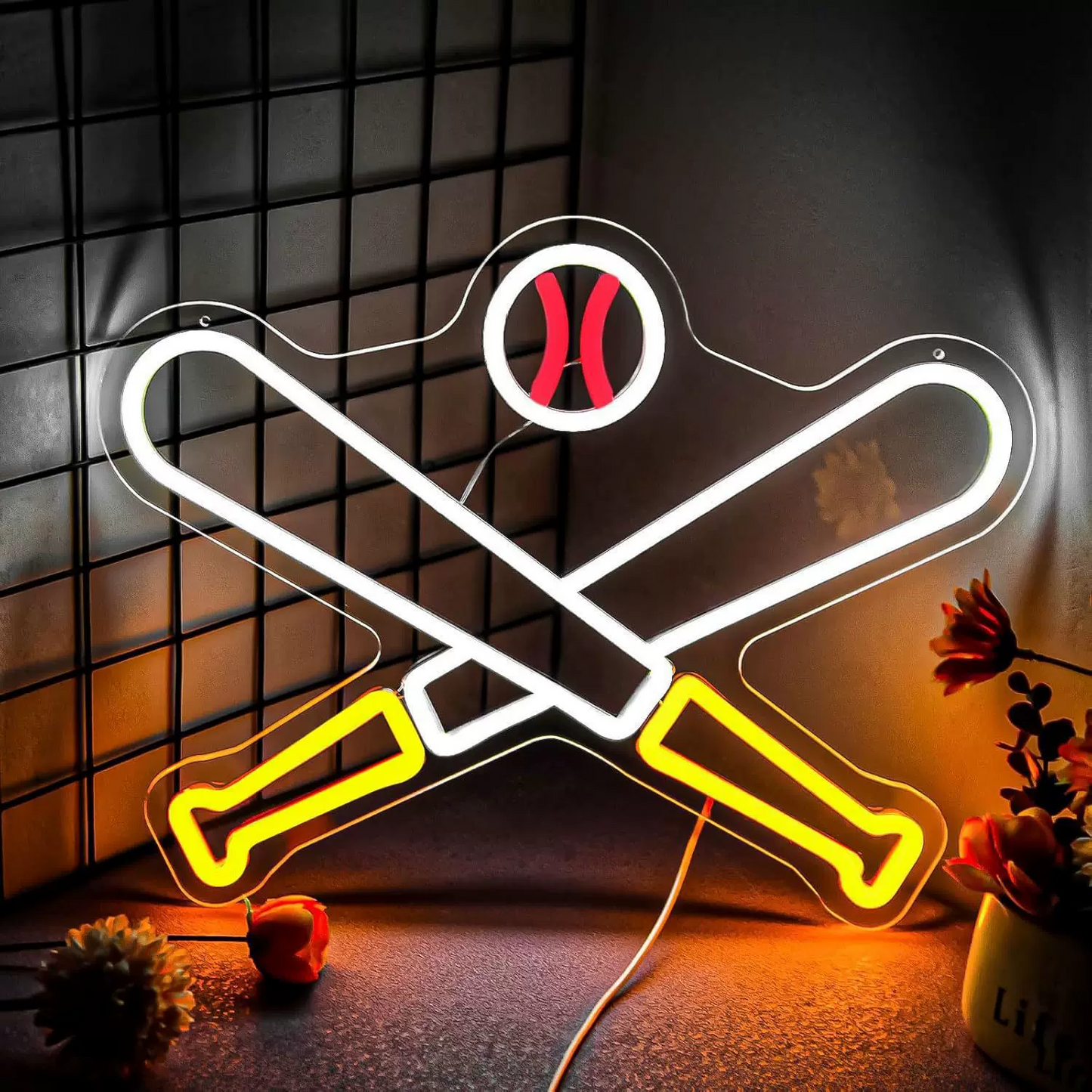 Baseball LED Neon Sign White Yellow Sports Neon Light Wall Decor for Bedroom Game Room