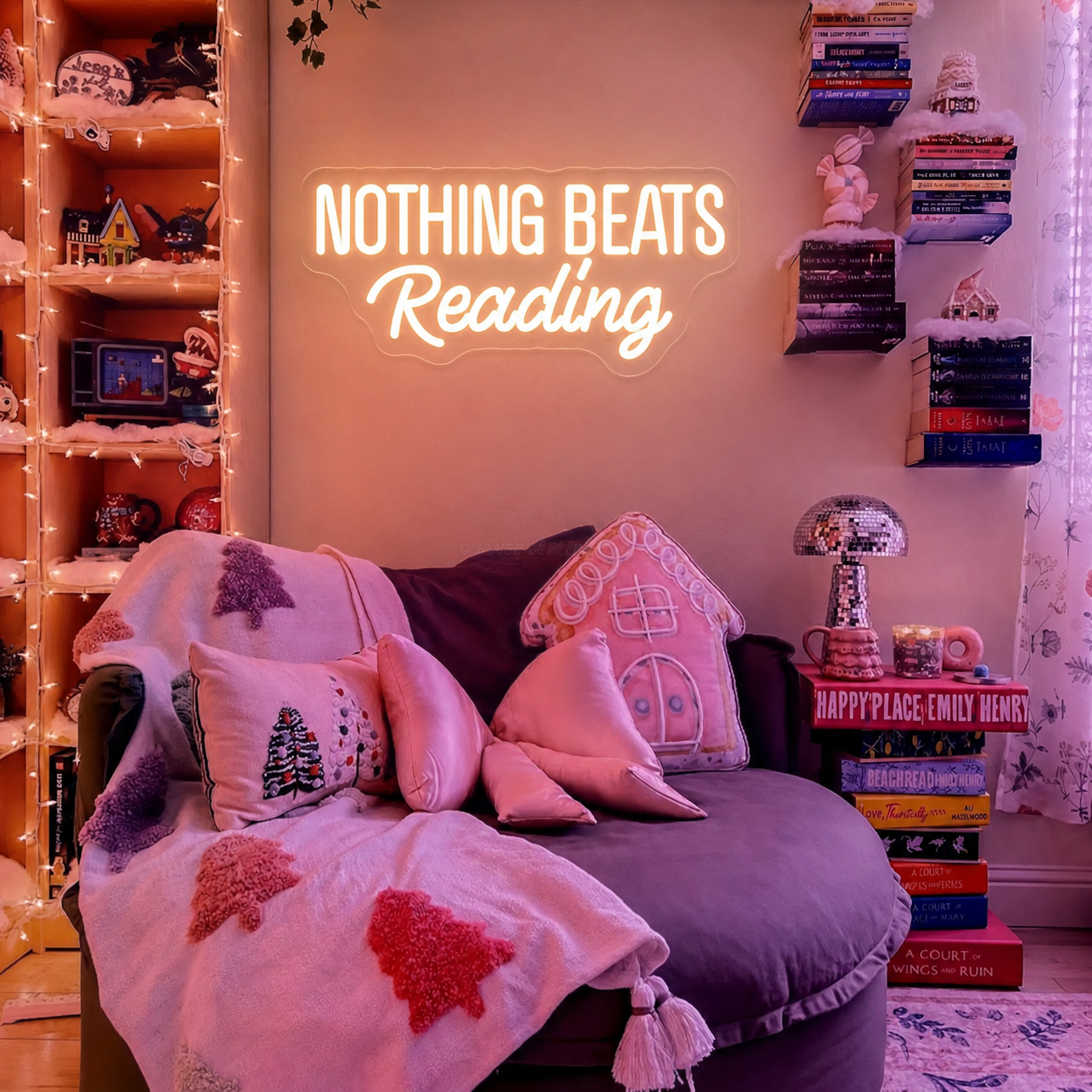 Nothing Beats Reading LED Neon Sign Pink Wall Light for Bedroom Reading Nook Book Lover Decor