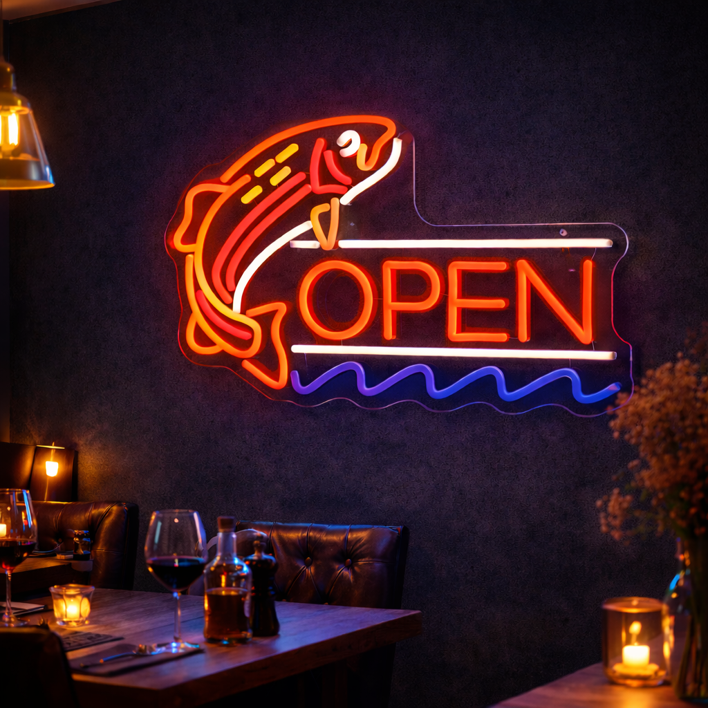 Fishing Open LED Neon Sign Fish Neon Light for Seafood Restaurant Bar Shop Decor