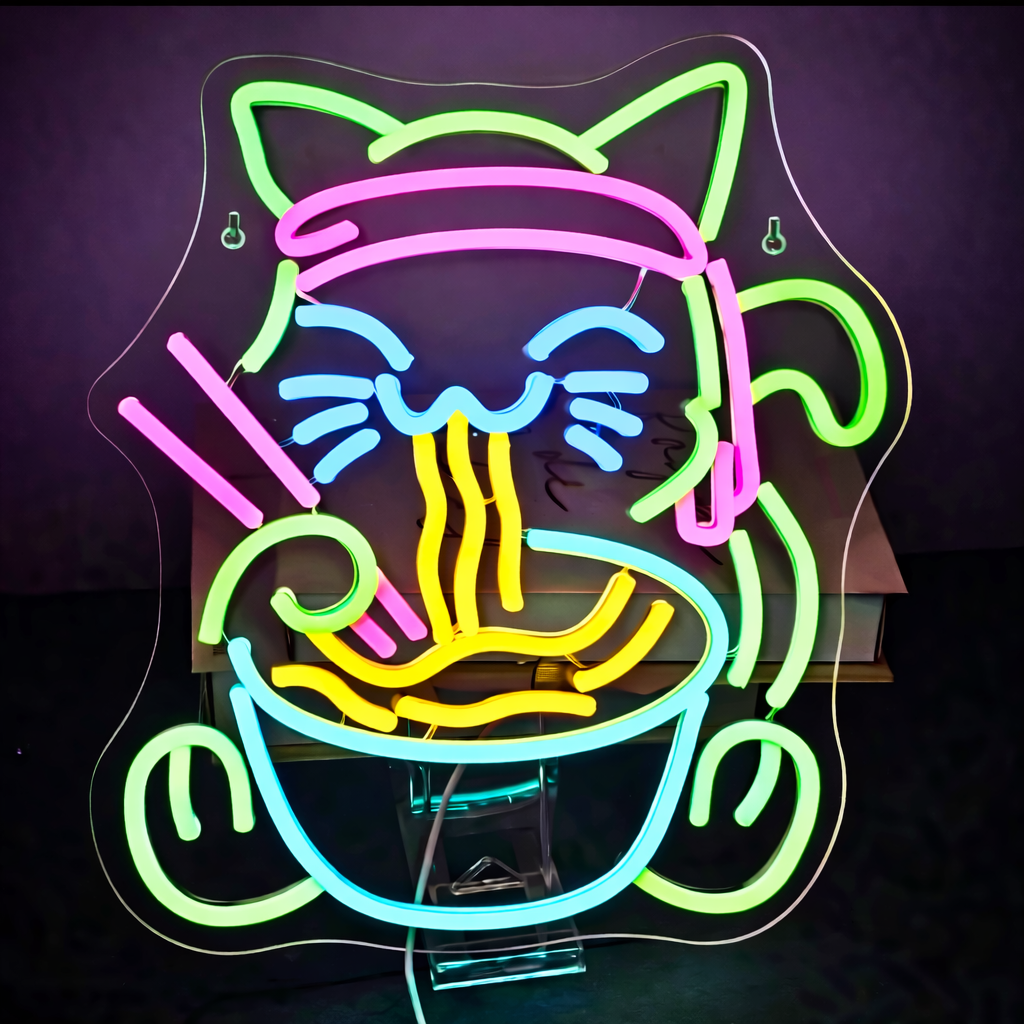 Cute Cat Eating Ramen LED Neon Sign Kawaii Noodle Bowl Neon Light for Bedroom Café Wall Decor