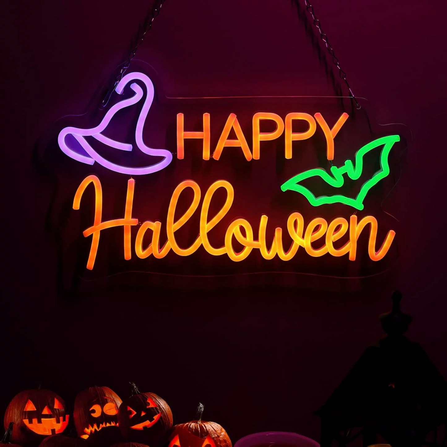 Happy Halloween LED Neon Sign Witch Hat Bat Neon Light Wall Decor for Halloween Party Home Bar