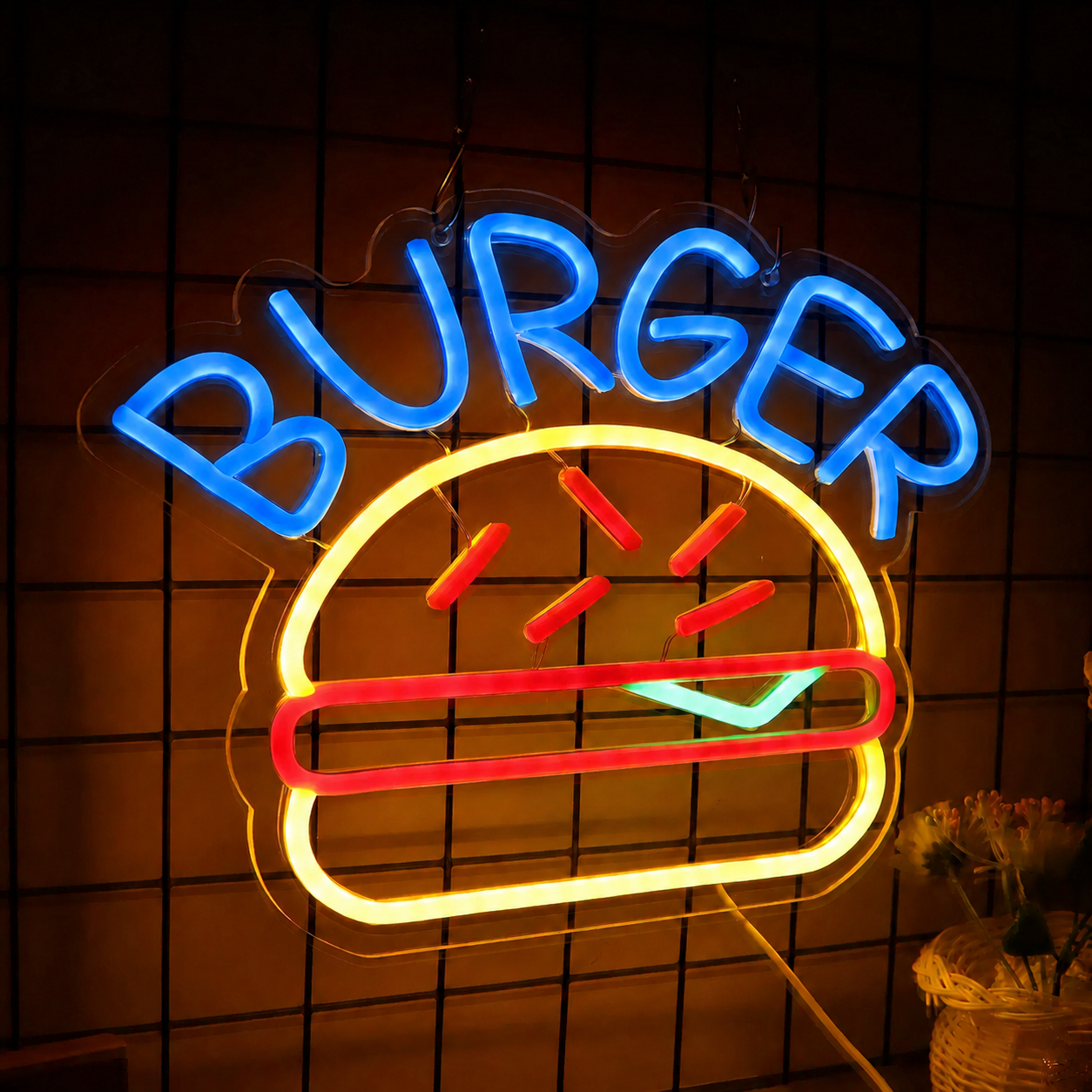 Burger LED Neon Sign Hamburger Neon Light Wall Decor for Kitchen Cafe Restaurant Fast Food Bar