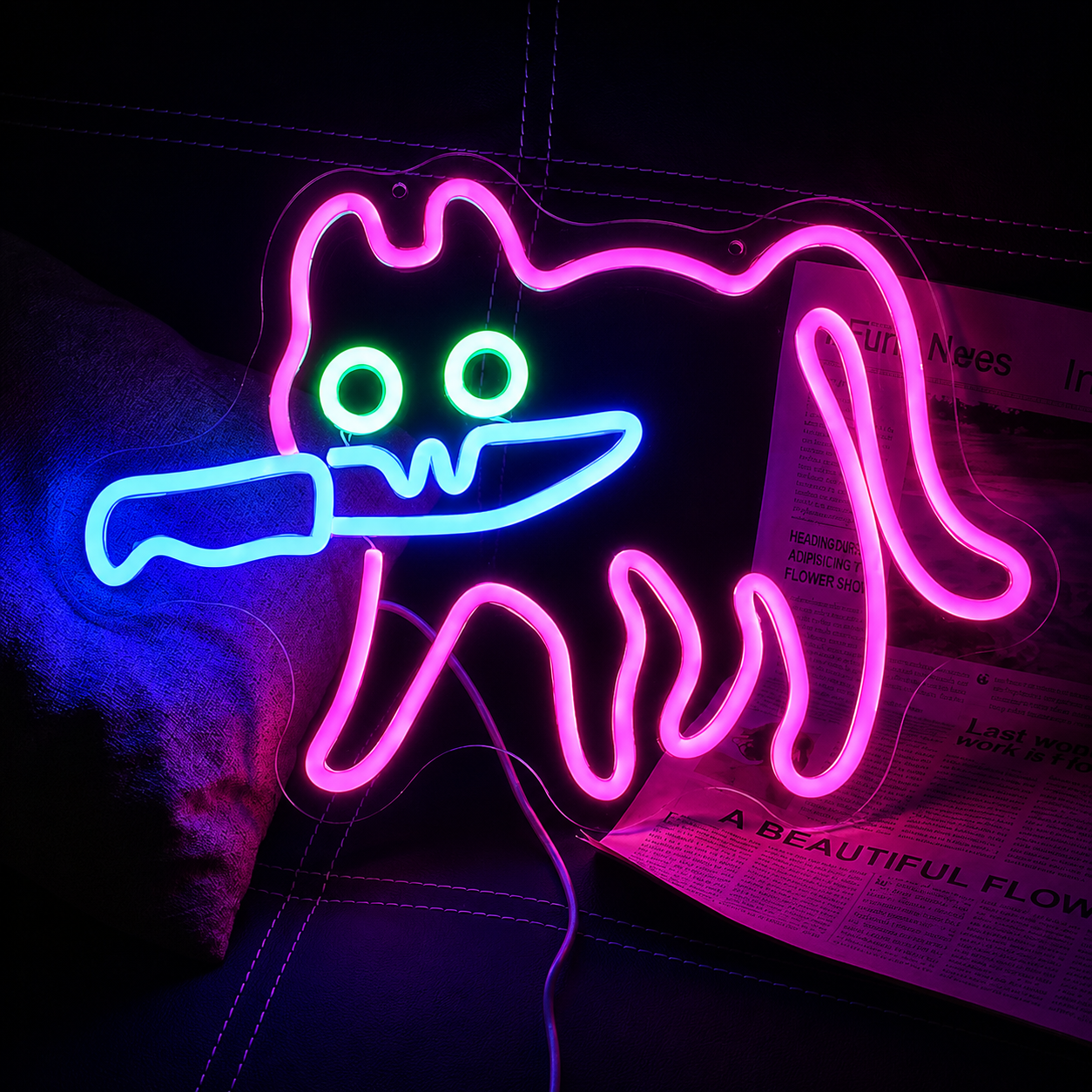 Funny Cat LED Neon Sign Cat with Knife Neon Light Wall Decor for Bedroom Game Room Bar Aesthetic Decor