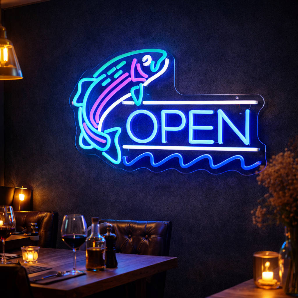 Fishing Open LED Neon Sign Fish Neon Light for Seafood Restaurant Bar Shop Decor