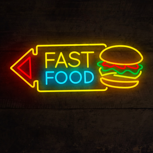 Fast Food Arrow Burger LED Neon Sign for Restaurant, Diner & Takeaway Shop Decor