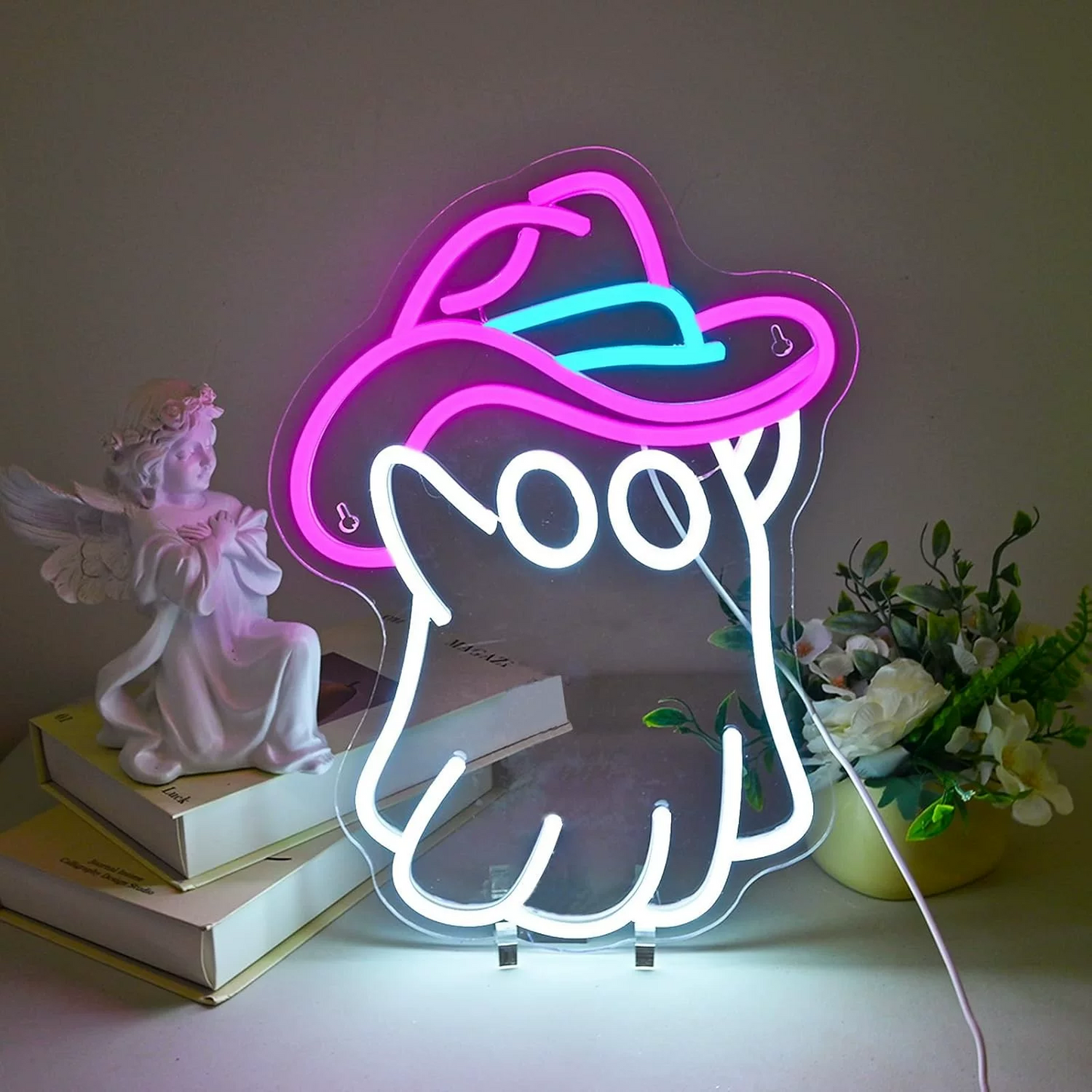 Cute Ghost Cowboy Hat LED Neon Sign Halloween Ghost Neon Light Wall Decor for Bedroom Party Room