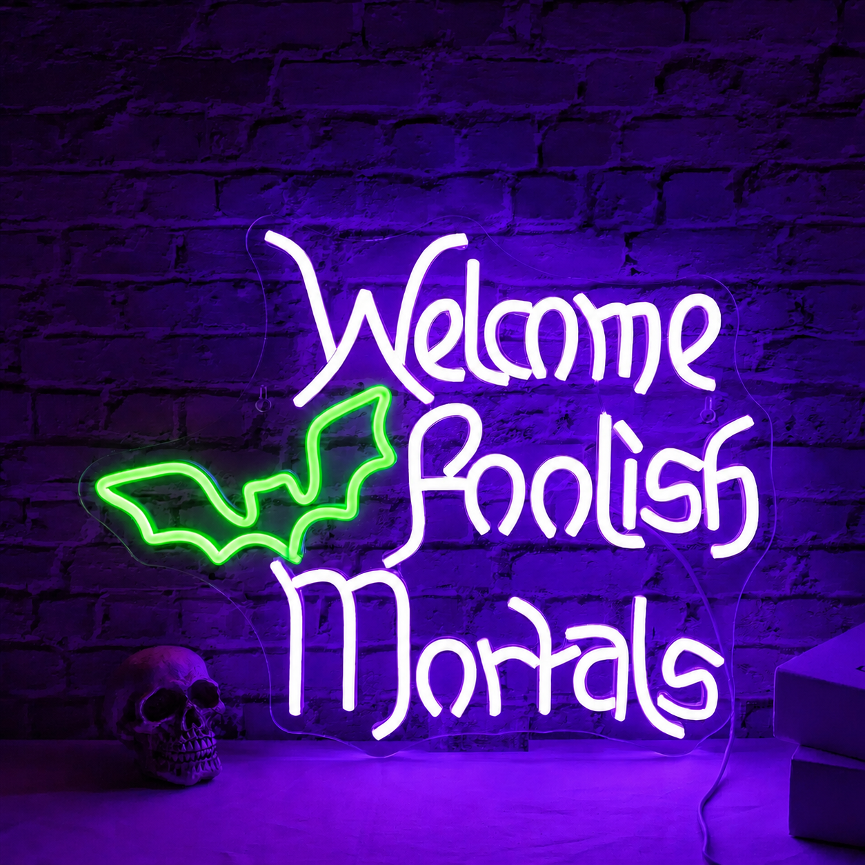 Welcome Foolish Mortals LED Neon Sign Bat Halloween Neon Light Wall Decor for Party Bar Haunted House