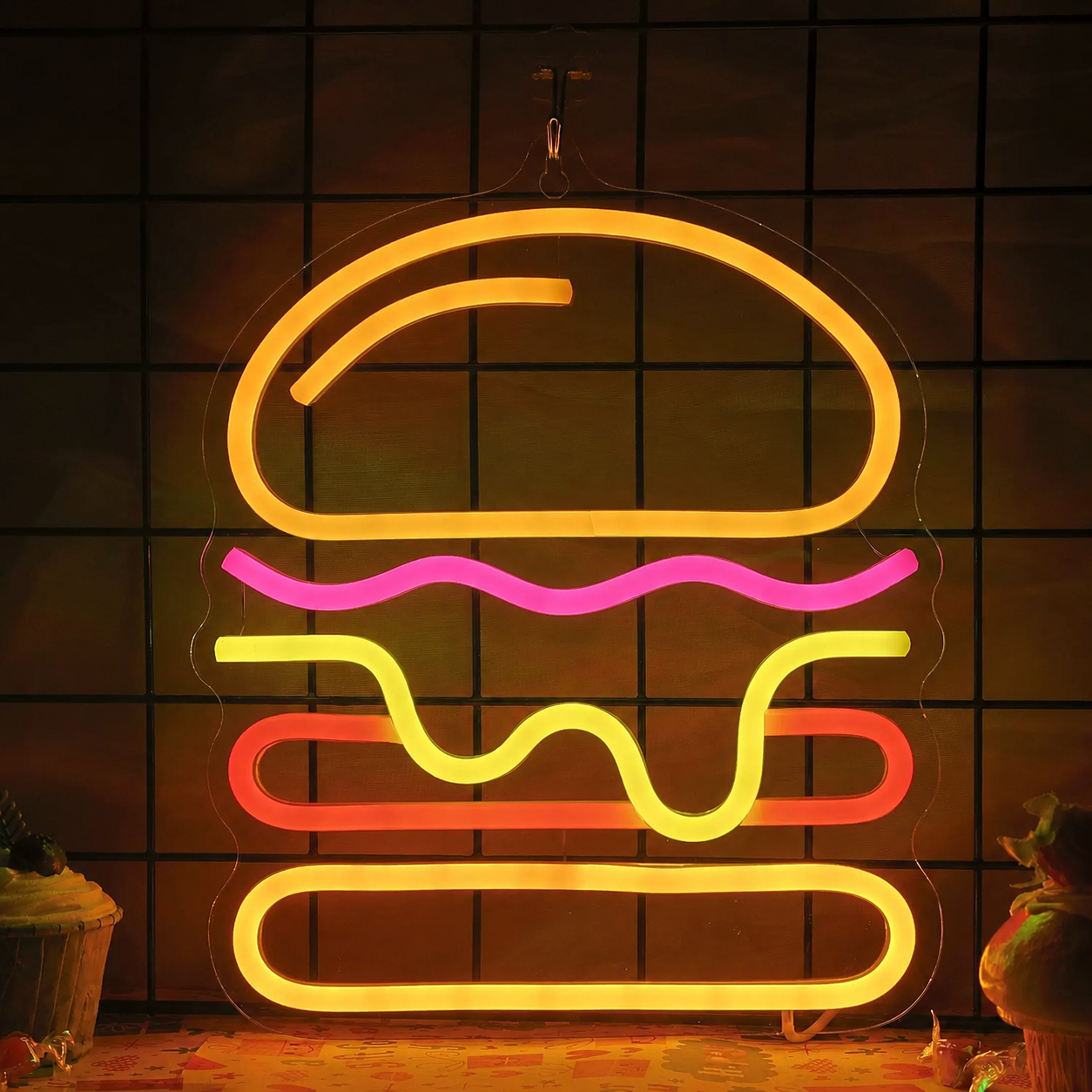 Hamburger LED Neon Sign Burger Neon Light Wall Decor for Kitchen Cafe Restaurant Bar