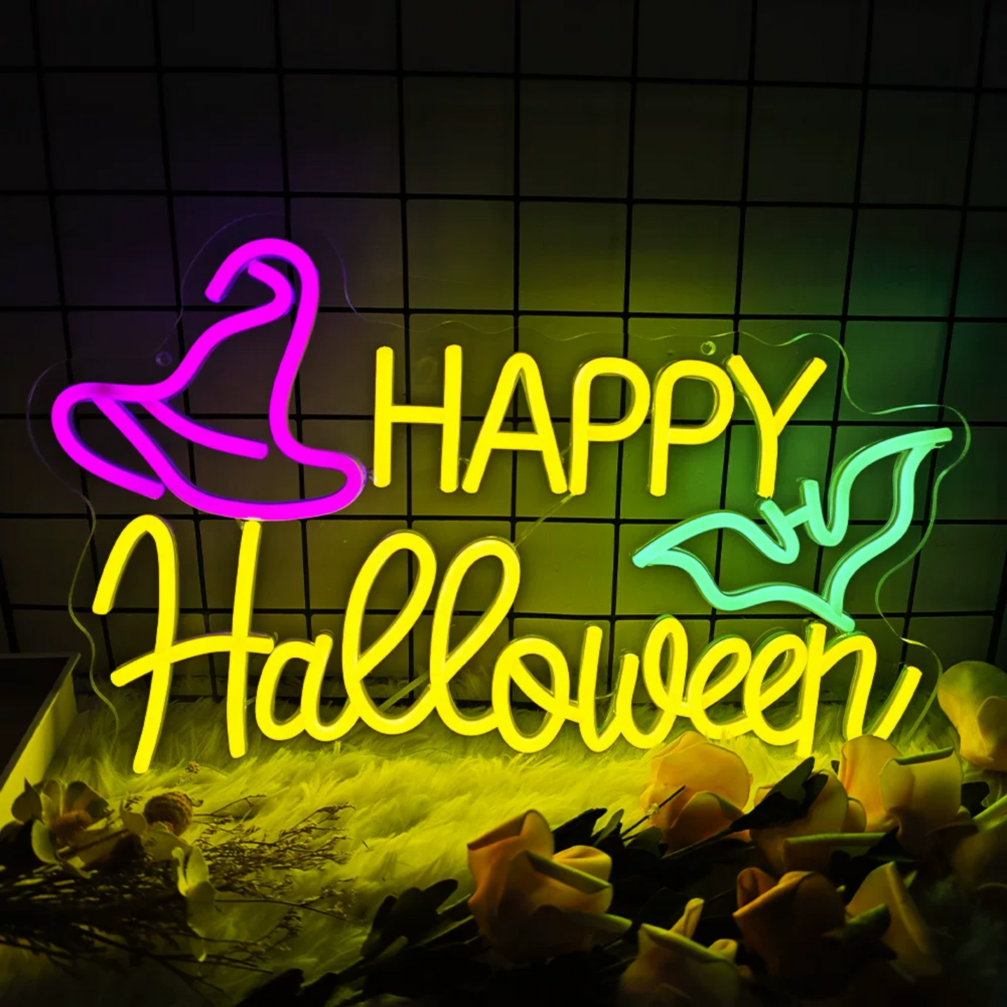 Happy Halloween LED Neon Sign Witch Hat Bat Neon Light Wall Decor for Party Bar Room Halloween Decor