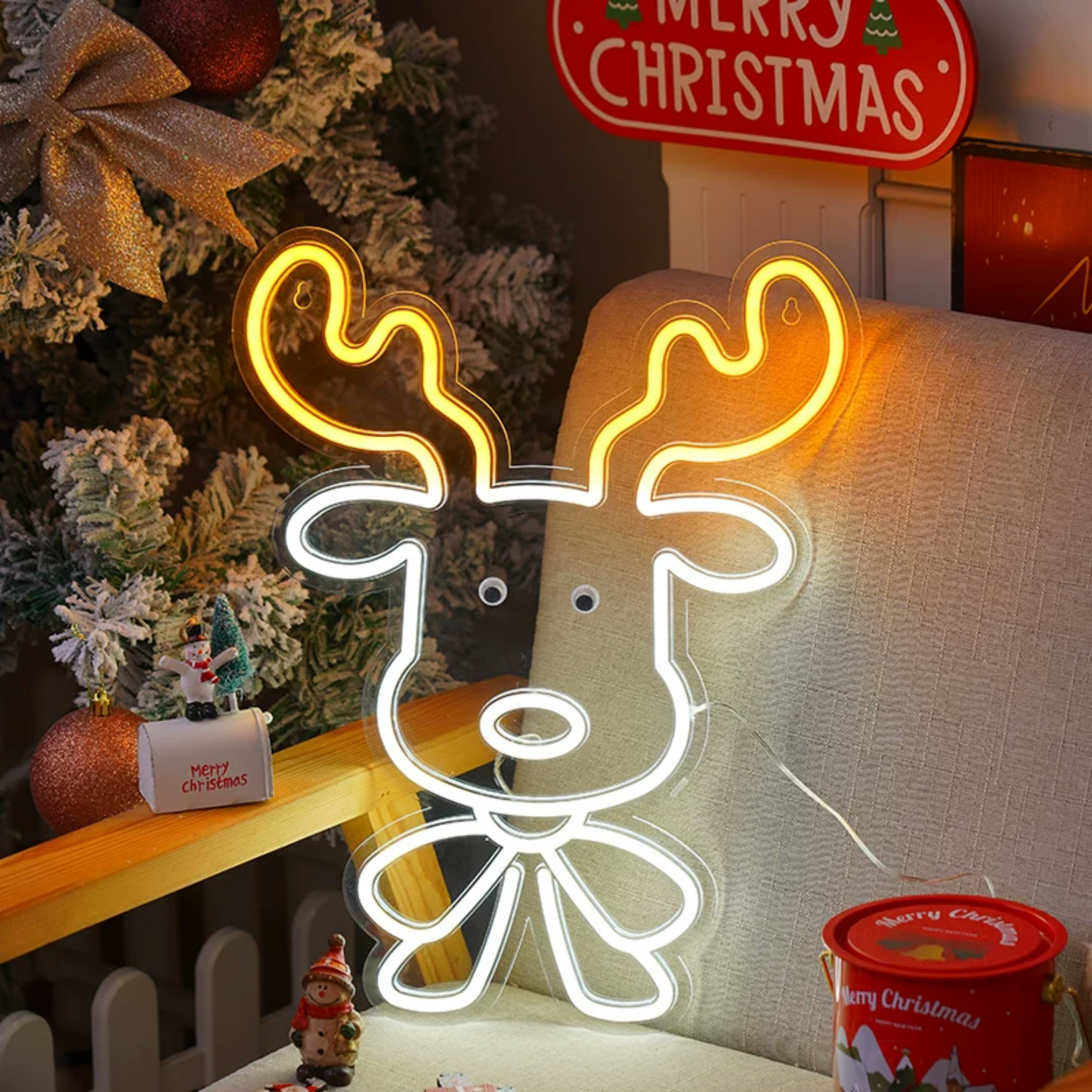 Christmas Reindeer LED Neon Sign Warm White Holiday Wall Decor for Bedroom Living Room Party