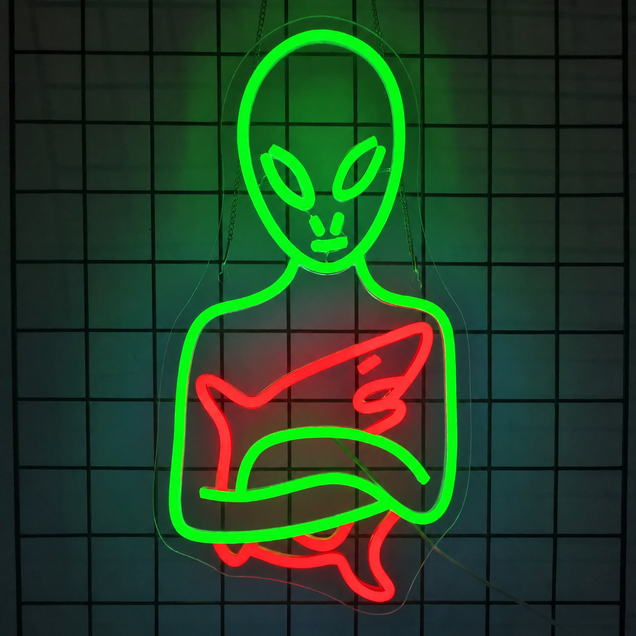 Alien Hug Shark LED Neon Sign Green Blue Space Neon Light Wall Decor for Bedroom Game Room