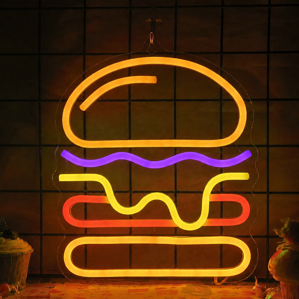 Hamburger LED Neon Sign Burger Neon Light Wall Decor for Kitchen Cafe Restaurant Bar