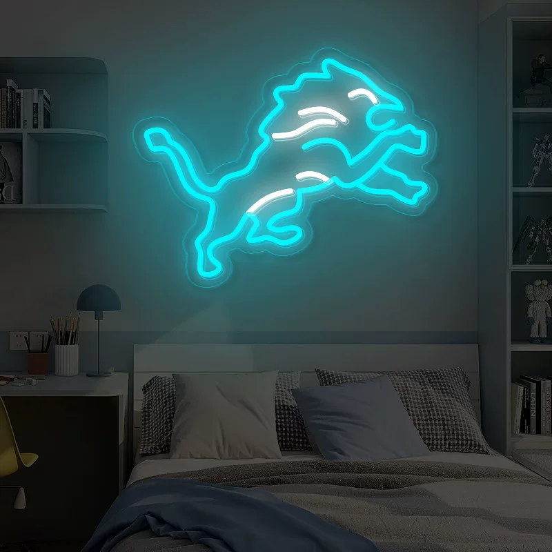 Detroit Lions LED Neon Sign Jumping Lion Neon Light Wall Decor for Bedroom Game Room Sports Fans