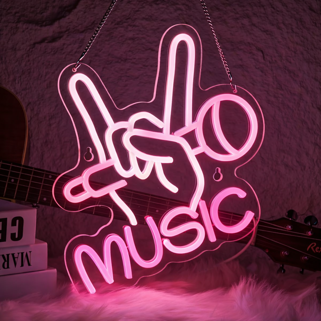 Music LED Neon Sign Rock Hand Microphone Neon Light for Bar Studio Room Decor