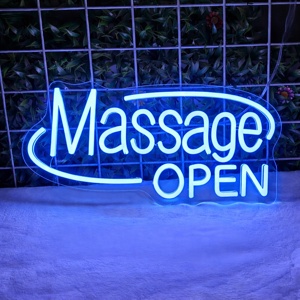 Massage Open LED Neon Sign in Warm White for Spa Salon and Wellness Decor