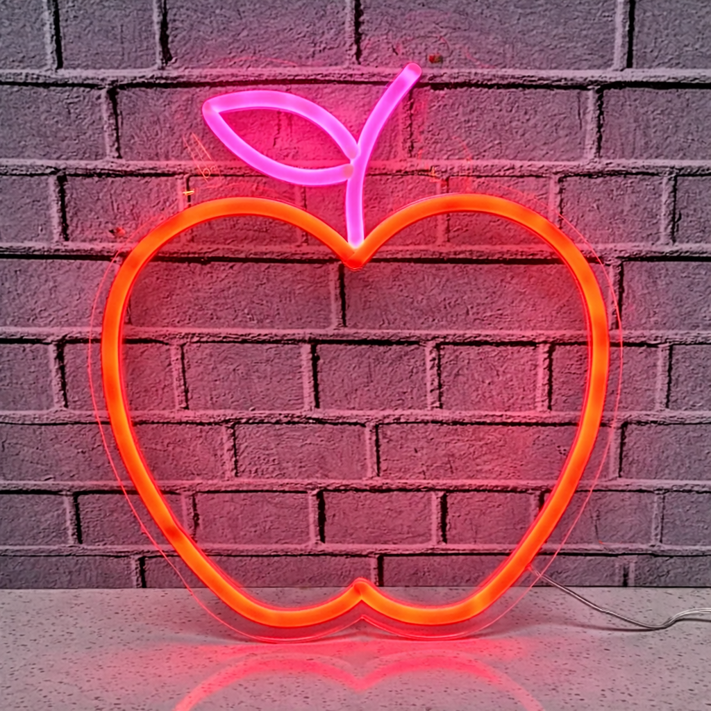 Apple LED Neon Sign Red Fruit Neon Light with Green Leaf for Kitchen Bar Wall Decor