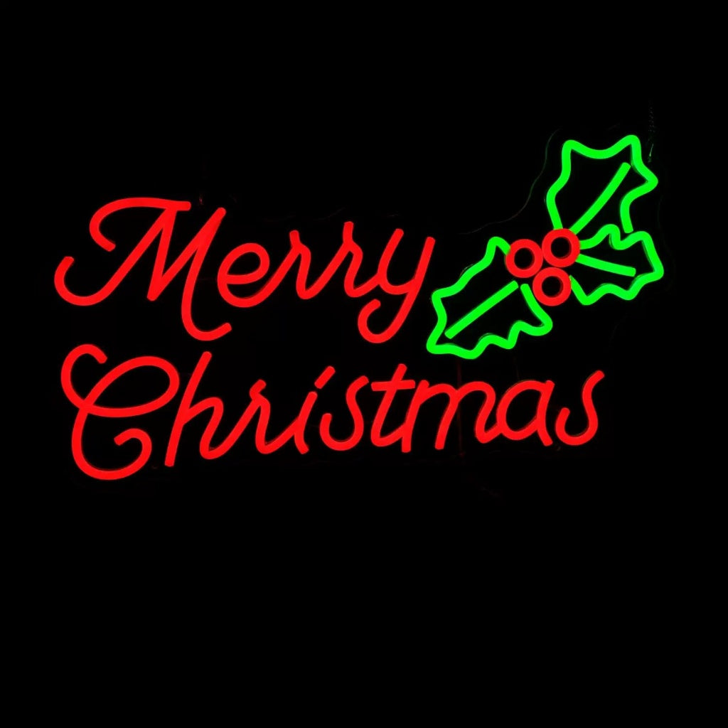 LED Merry Christmas Neon Sign with Holly Accent – Red & Green Wall Décor