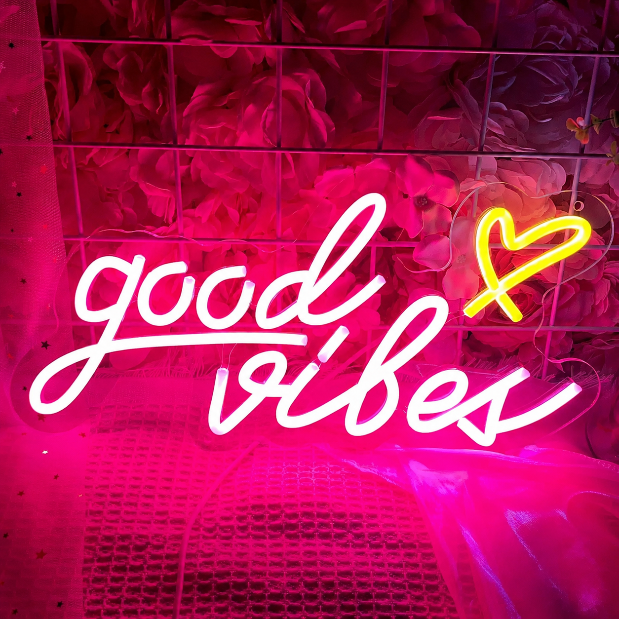 Good Vibes LED Neon Sign Pink White Heart Neon Light Wall Decor for Bedroom Party