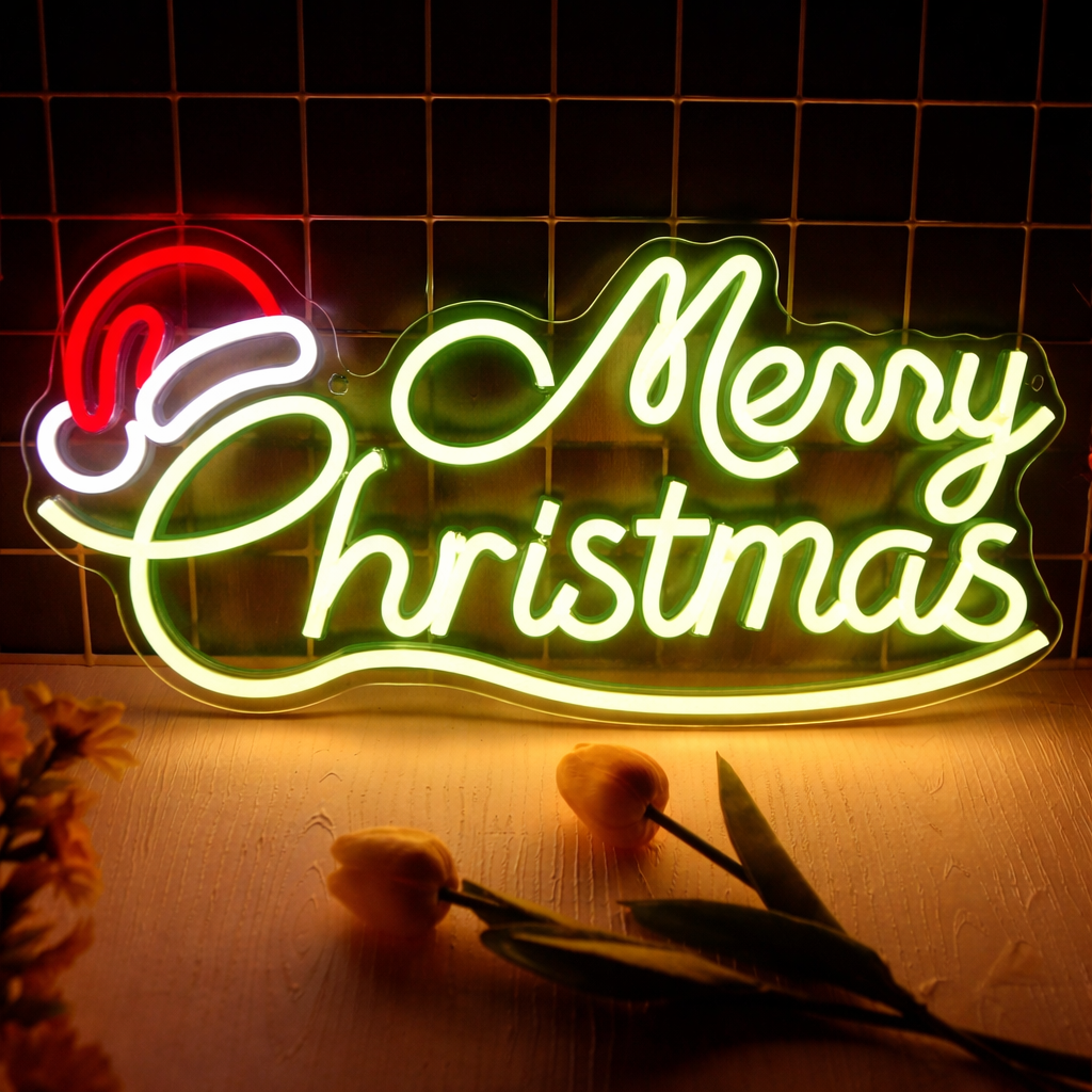 LED Merry Christmas Neon Sign with Santa Hat – Warm White & Red Script Wall Décor