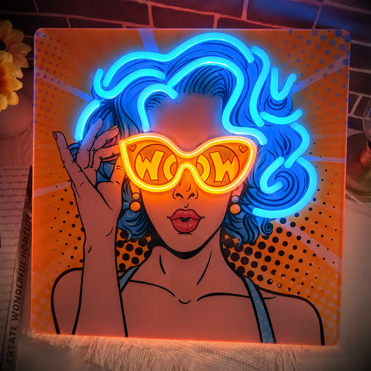 Pop Art Girl WOW LED Neon Sign with Sunglasses Retro Comic Neon Light Wall Decor