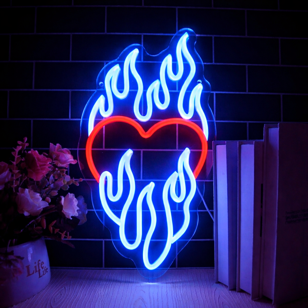 Flaming Heart LED Neon Sign for Bedroom Wall Decor Fire Love Aesthetic Light
