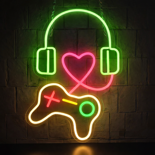 Headphone Heart Controller LED Neon Sign for Gaming Room, Music Setup & Bedroom Wall Decor