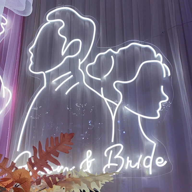 Groom and Bride LED Neon Sign Warm White Wedding Couple Neon Light Wall Decor for Wedding Party Backdrop