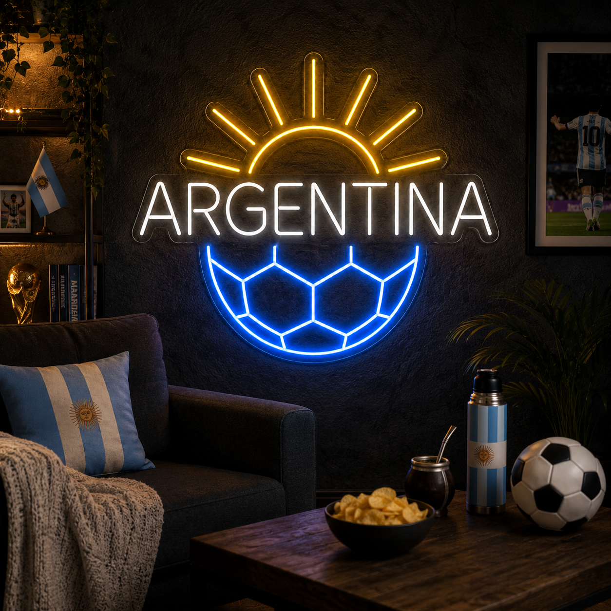 Argentina Sunrise Soccer LED Neon Sign Argentine Football Neon Light Wall Decor for Sports Bar Game Room