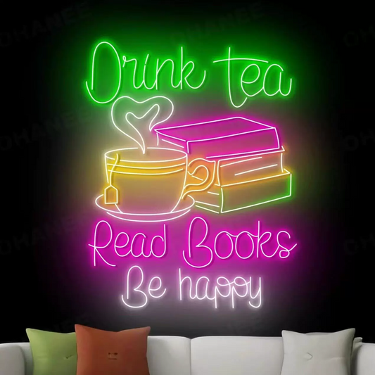 Drink Tea Read Books Be Happy LED Neon Sign Multicolor Coffee & Book Wall Light for Reading Room Bedroom Cafe Decor