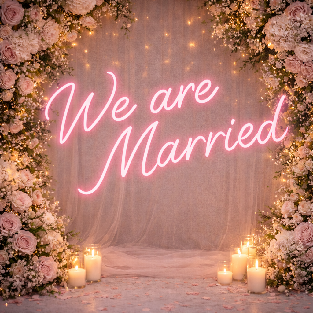 We Are Married Warm White LED Neon Sign Romantic Wedding Backdrop Light for Reception Decor
