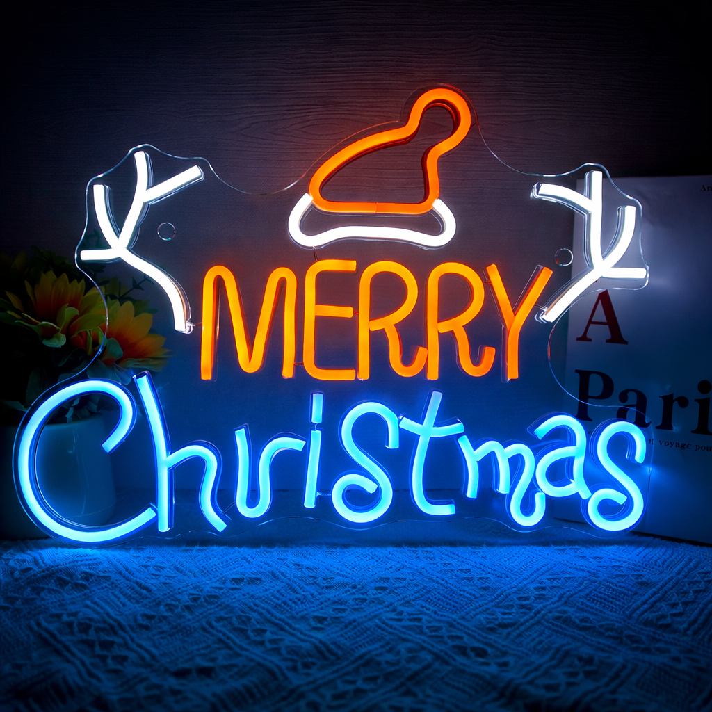 LED Merry Christmas Neon Sign with Santa Hat & Antlers – Red & Green Wall Décor