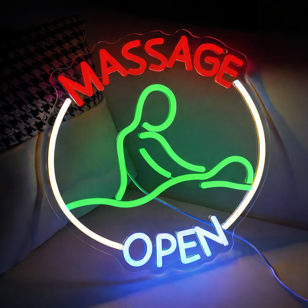 Massage Open LED Neon Sign with Therapist Design for Spa Salon Shop Decor