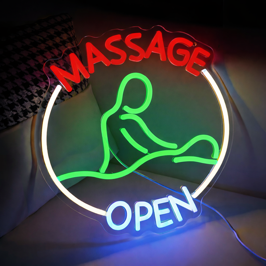 Massage Open LED Neon Sign with Therapist Design for Spa Salon Shop Decor