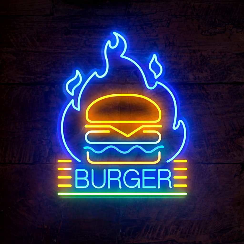 Flaming Burger LED Neon Sign for Restaurant, Grill Bar & Fast Food Shop Decor