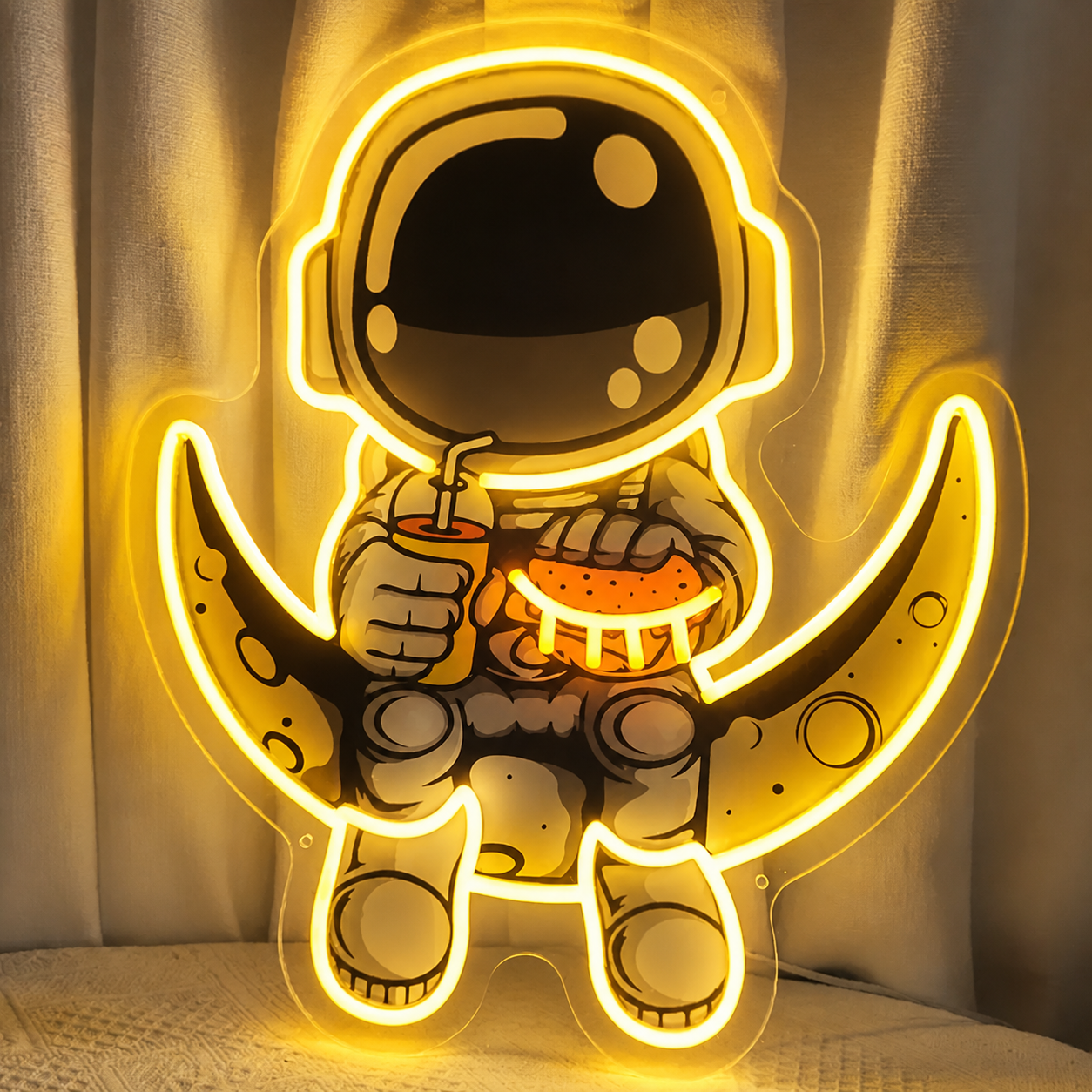 Astronaut LED Neon Sign Sitting on Moon with Burger & Drink Neon Light Wall Decor for Kids Room, Space Lovers, and Cafes
