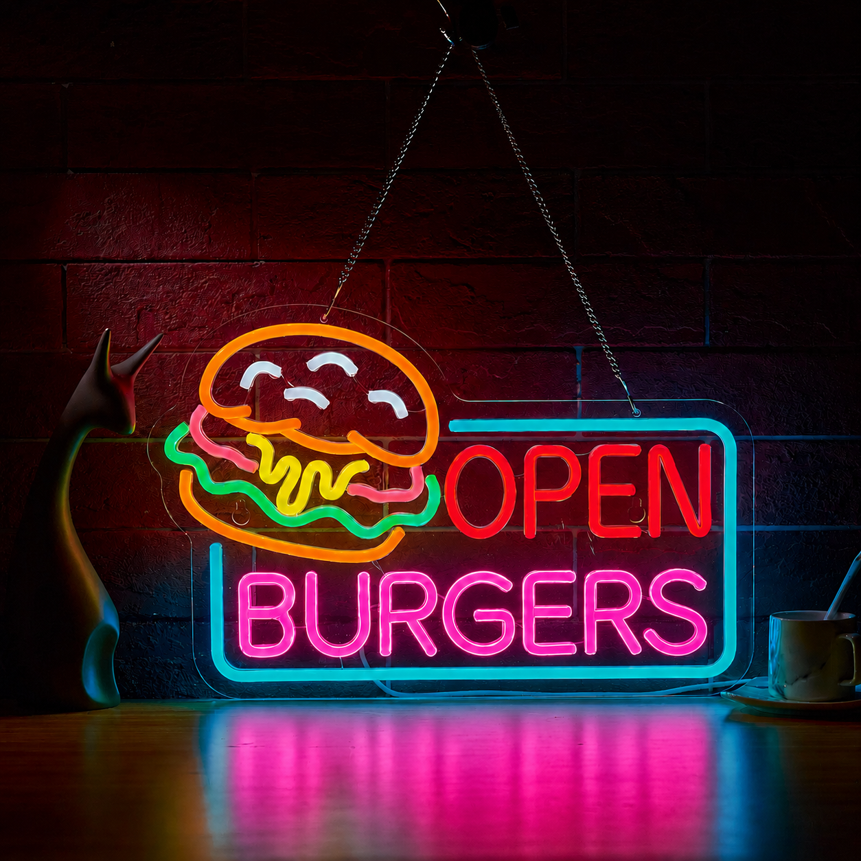Open Burgers LED Neon Sign Hamburger Neon Light Wall Decor for Restaurant Cafe Fast Food Shop Bar