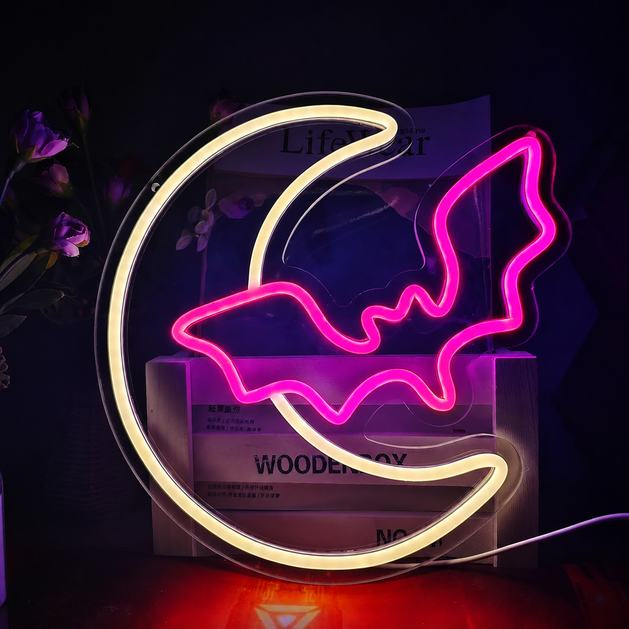 Bat and Moon LED Neon Sign Halloween Neon Light Wall Decor for Bedroom Party Bar