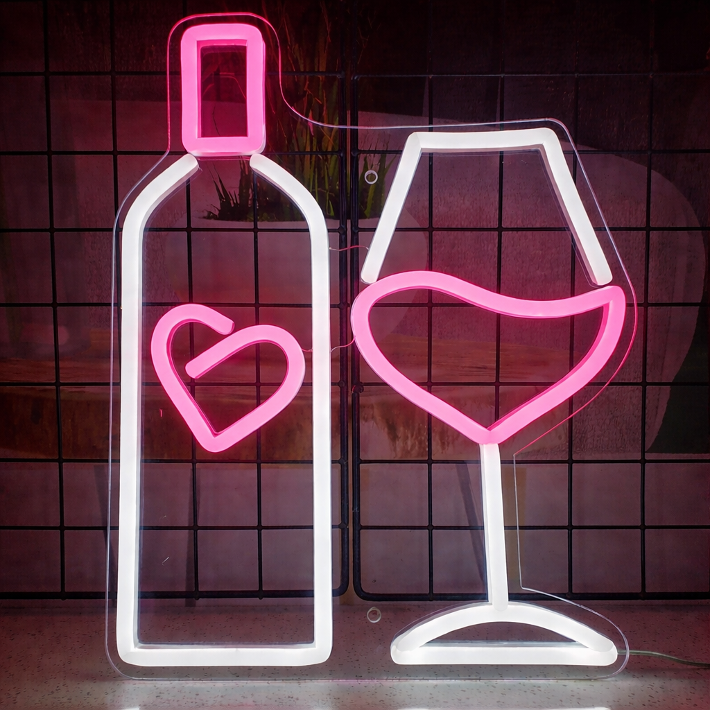 Wine Bottle & Glass Love LED Neon Sign Romantic Bar Neon Light for Home Bar Decor
