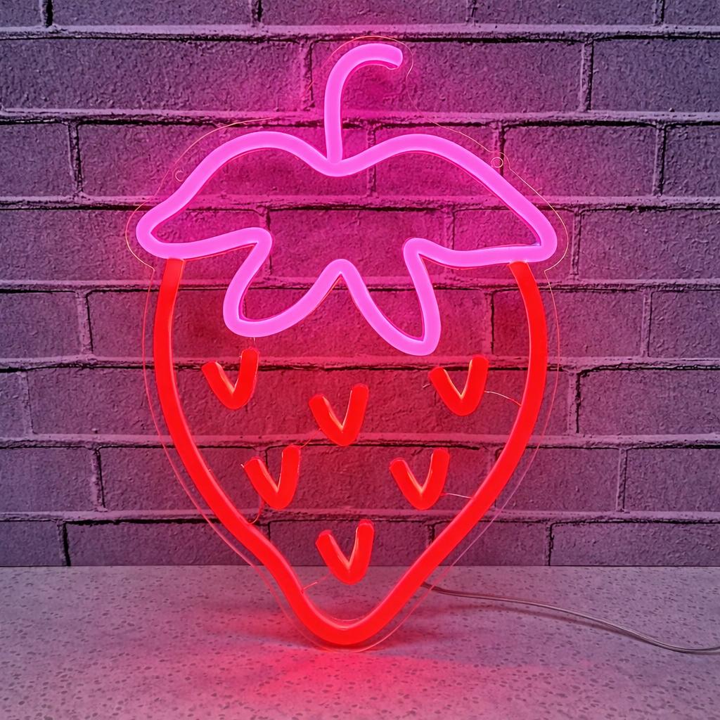 Strawberry LED Neon Sign Red Fruit Neon Light with Green Leaf for Bedroom Kitchen Wall Decor