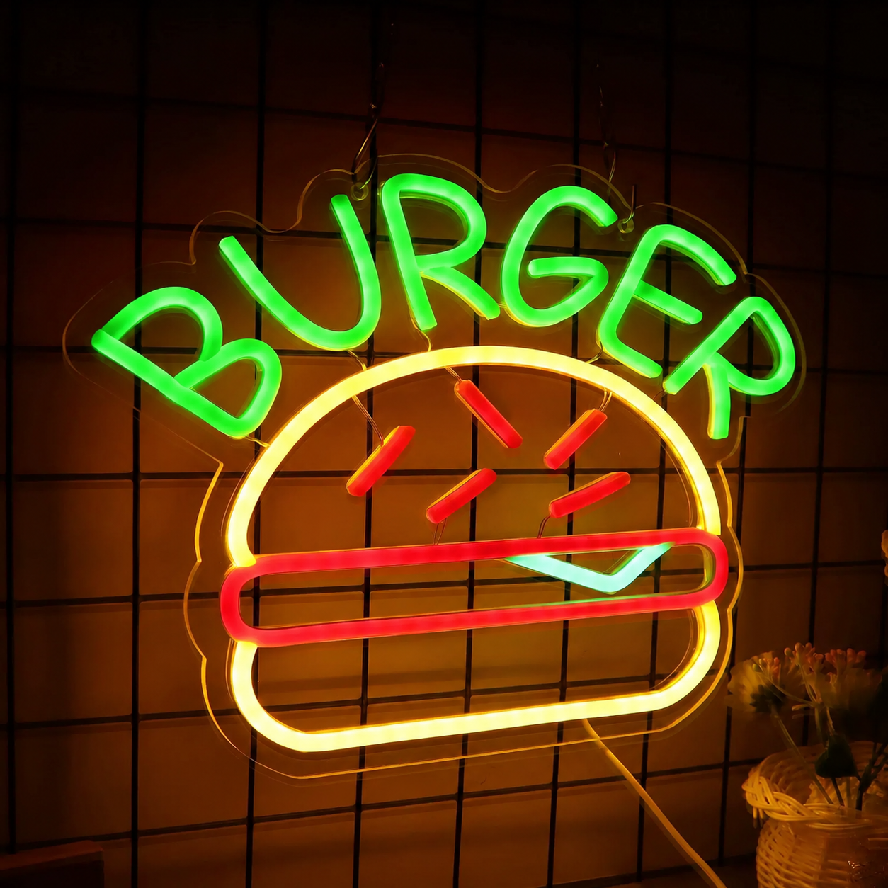 Burger LED Neon Sign Hamburger Neon Light Wall Decor for Kitchen Cafe Restaurant Fast Food Bar