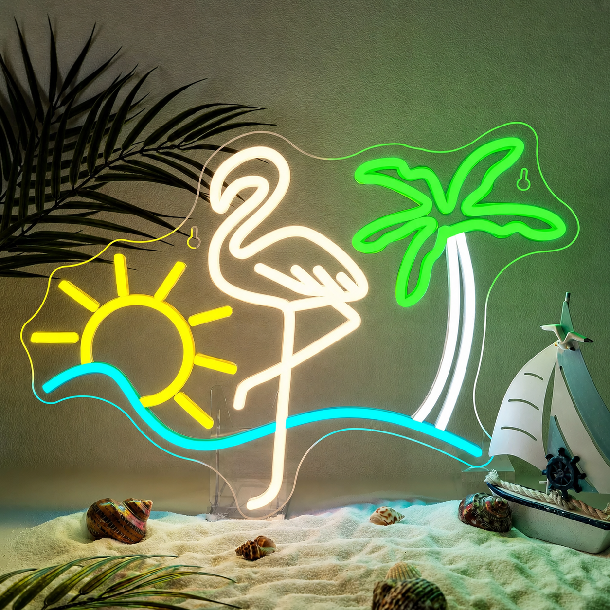 Tropical Flamingo Sunset LED Neon Sign Palm Tree Beach Neon Light Wall Decor for Bedroom Bar Party